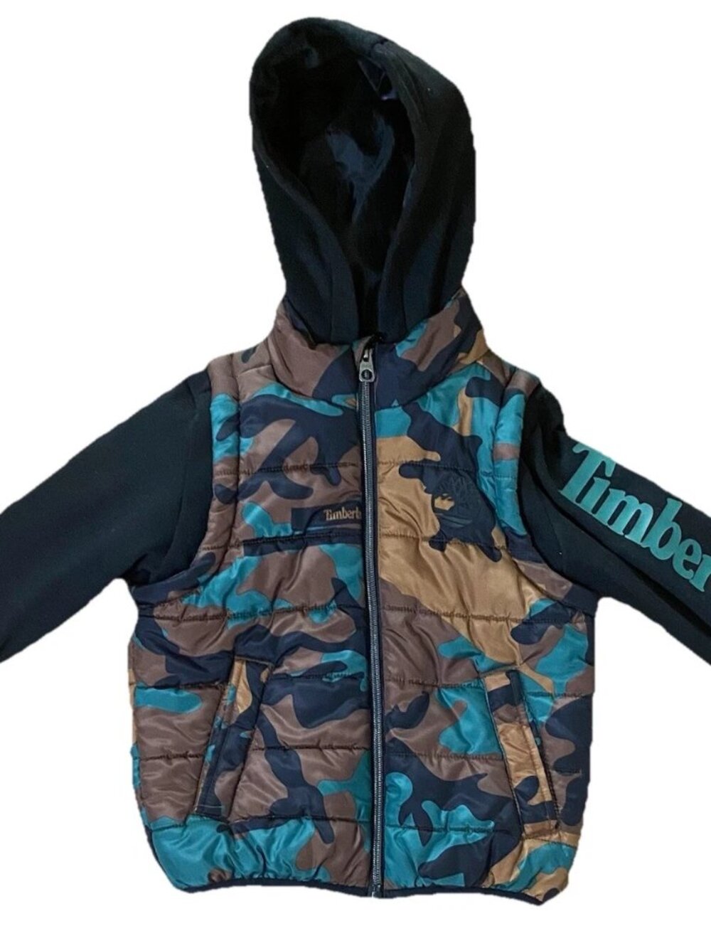 TIMBERLAND Boys Kids Hoodie Sweatshirt Puffer Jacket Logo Size 6 Camo